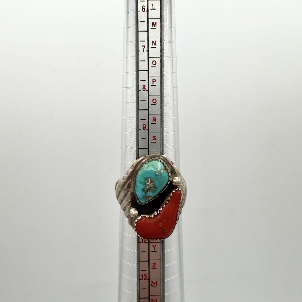 Vintage Ray Fierro Navajo Sterling Silver Turquoise Coral Ring - Picture 5 of 8